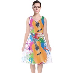 String Instrument Acoustic Guitar V-neck Midi Sleeveless Dress 