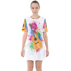 String Instrument Acoustic Guitar Sixties Short Sleeve Mini Dress