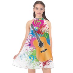 String Instrument Acoustic Guitar Halter Neckline Chiffon Dress 