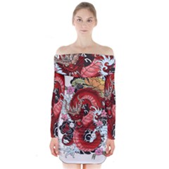 Drawing Red Dragon Legendary Long Sleeve Off Shoulder Dress by Jancukart