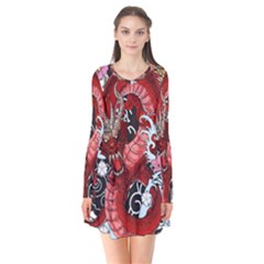 Drawing Red Dragon Legendary Long Sleeve V-neck Flare Dress by Jancukart