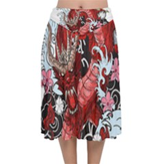 Drawing Red Dragon Legendary Velvet Flared Midi Skirt