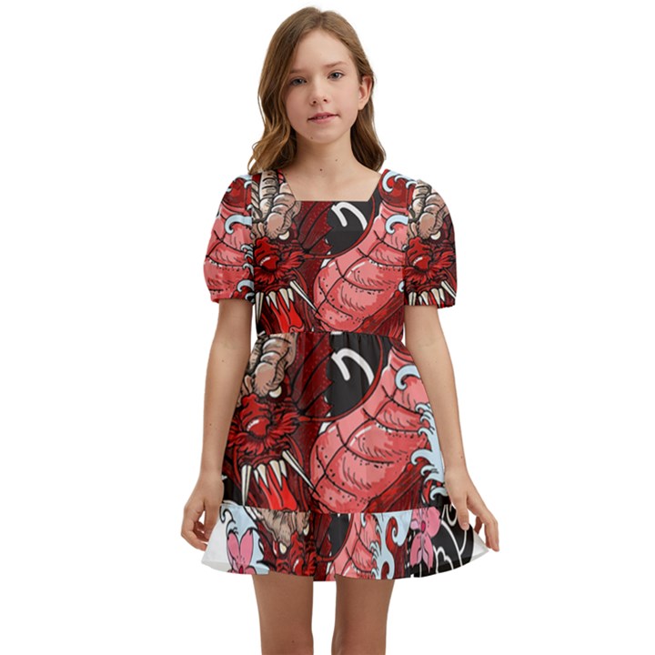 Drawing Red Dragon Legendary Kids  Short Sleeve Dolly Dress