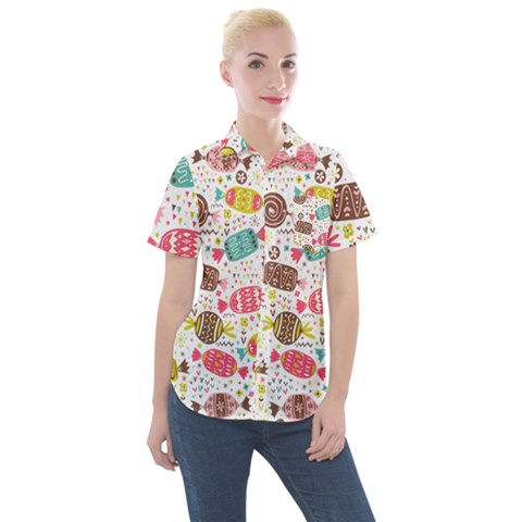 Candy Background Cartoon Women s Short Sleeve Pocket Shirt by Jancukart