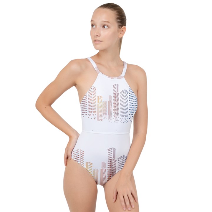 Buildings, Building City Building Condominium Skyscraper High Neck One Piece Swimsuit