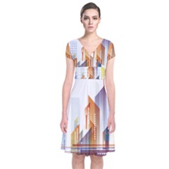 Building Artwork City Building Short Sleeve Front Wrap Dress