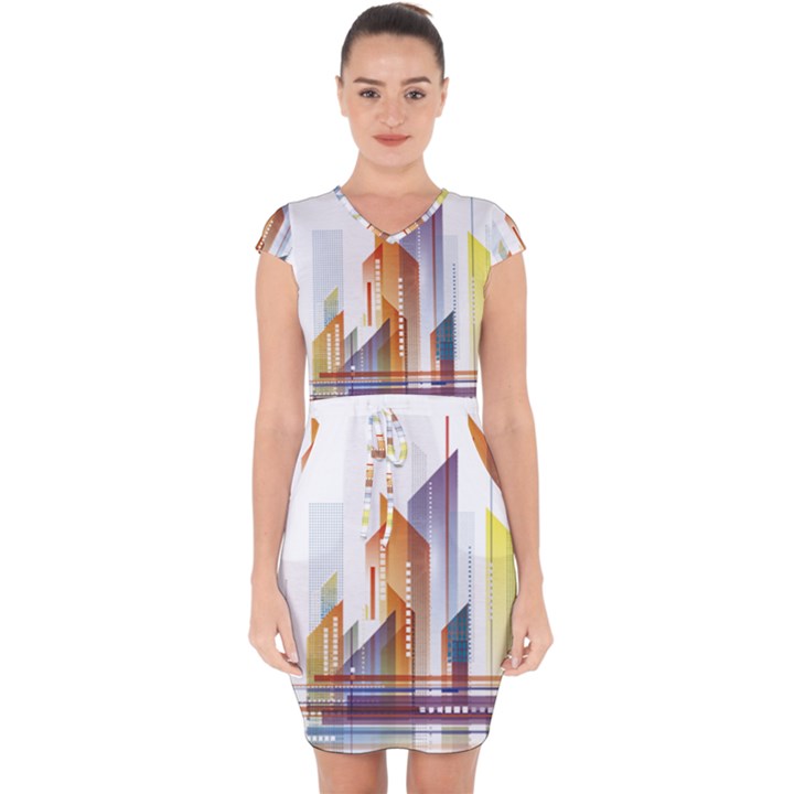 Building Artwork City Building Capsleeve Drawstring Dress 