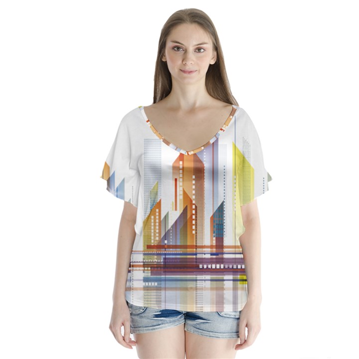 Building Artwork City Building V-Neck Flutter Sleeve Top