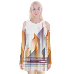 Building Artwork City Building Velvet Long Sleeve Shoulder Cutout Dress