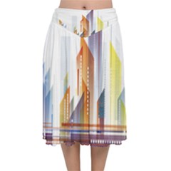 Building Artwork City Building Velvet Flared Midi Skirt