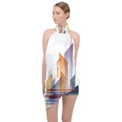 Building Artwork City Building Halter Asymmetric Satin Top