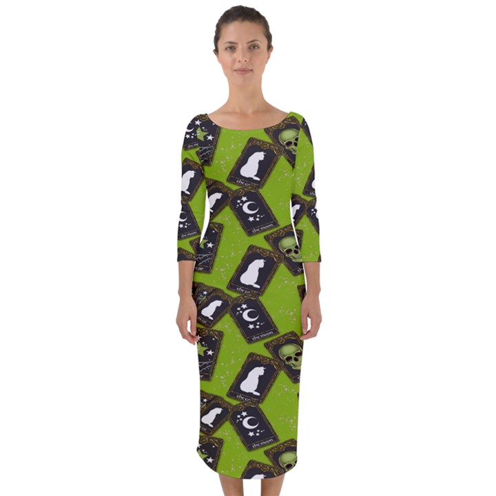 Cats And Skulls - Modern Halloween  Quarter Sleeve Midi Bodycon Dress