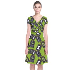 Cats And Skulls - Modern Halloween  Short Sleeve Front Wrap Dress by ConteMonfrey