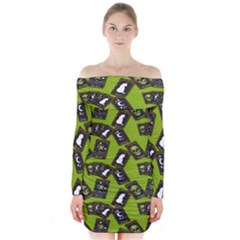 Cats And Skulls - Modern Halloween  Long Sleeve Off Shoulder Dress by ConteMonfrey