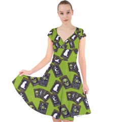 Cats And Skulls - Modern Halloween  Cap Sleeve Front Wrap Midi Dress by ConteMonfrey