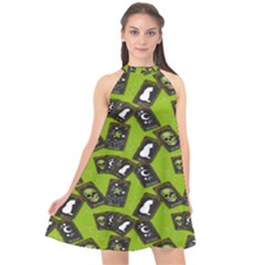 Cats And Skulls - Modern Halloween  Halter Neckline Chiffon Dress  by ConteMonfrey