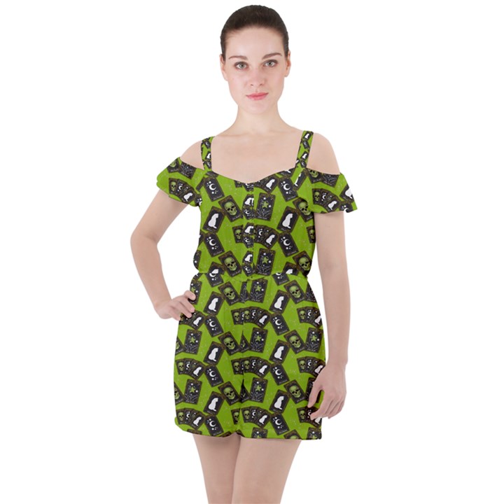 Cats And Skulls - Modern Halloween  Ruffle Cut Out Chiffon Playsuit