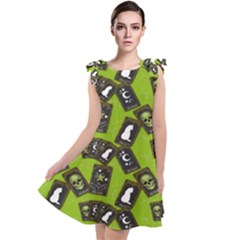 Cats And Skulls - Modern Halloween  Tie Up Tunic Dress by ConteMonfrey