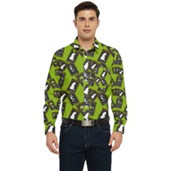 Cats And Skulls - Modern Halloween  Men s Long Sleeve Pocket Shirt  by ConteMonfrey