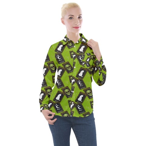 Cats And Skulls - Modern Halloween  Women s Long Sleeve Pocket Shirt by ConteMonfrey