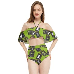 Cats And Skulls - Modern Halloween  Halter Flowy Bikini Set  by ConteMonfrey