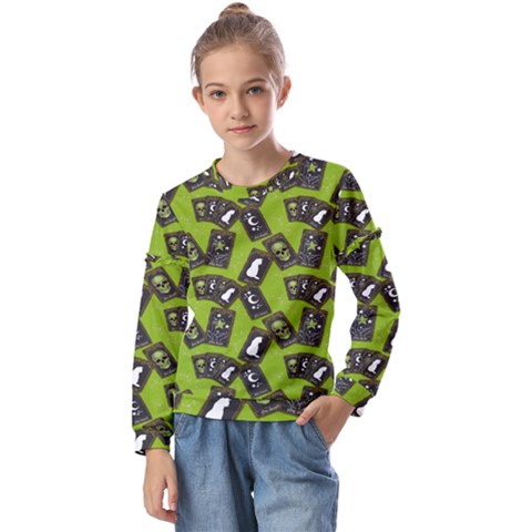 Cats And Skulls - Modern Halloween  Kids  Long Sleeve Tee With Frill  by ConteMonfrey