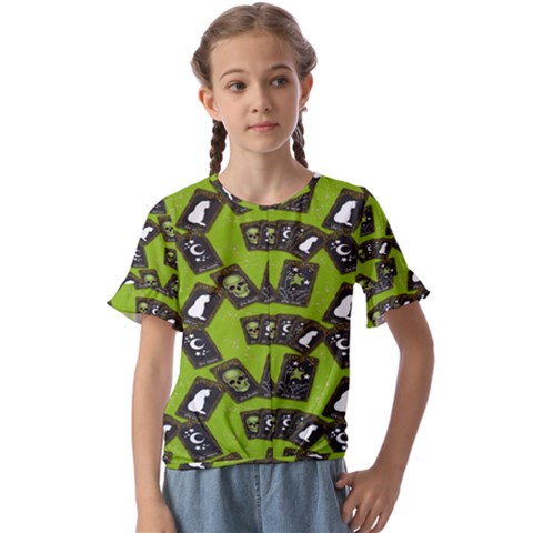 Cats And Skulls - Modern Halloween  Kids  Cuff Sleeve Scrunch Bottom Tee by ConteMonfrey