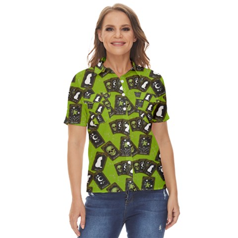 Cats And Skulls - Modern Halloween  Women s Short Sleeve Double Pocket Shirt by ConteMonfrey