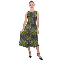 Halloween - Green Roses On Spider Web  Midi Tie-back Chiffon Dress by ConteMonfrey