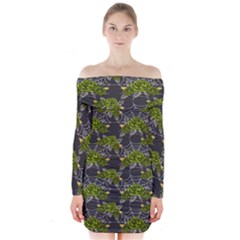 Halloween - Green Roses On Spider Web  Long Sleeve Off Shoulder Dress by ConteMonfrey