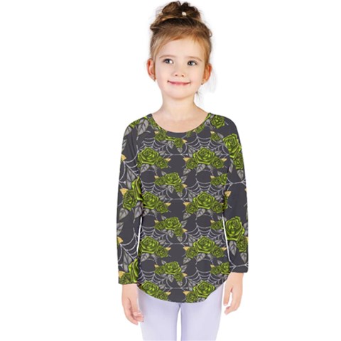 Halloween - Green Roses On Spider Web  Kids  Long Sleeve Tee by ConteMonfrey