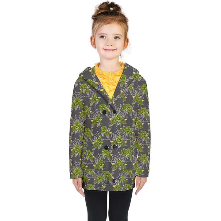 Halloween - Green Roses On Spider Web  Kids  Double Breasted Button Coat