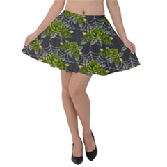 Halloween - Green Roses On Spider Web  Velvet Skater Skirt by ConteMonfrey