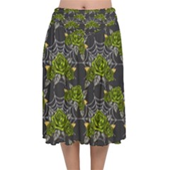 Halloween - Green Roses On Spider Web  Velvet Flared Midi Skirt by ConteMonfrey