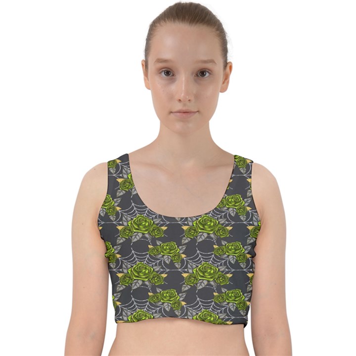 Halloween - Green Roses On Spider Web  Velvet Racer Back Crop Top