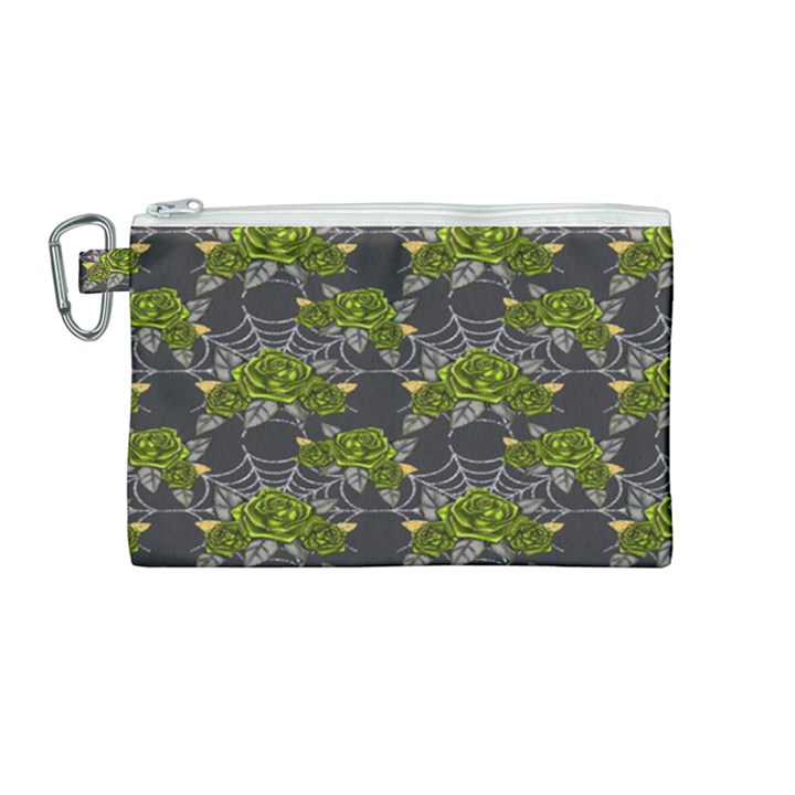 Halloween - Green Roses On Spider Web  Canvas Cosmetic Bag (Medium)