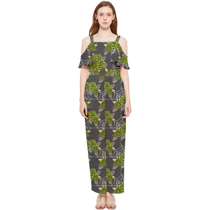 Halloween - Green Roses On Spider Web  Draped Sleeveless Chiffon Jumpsuit