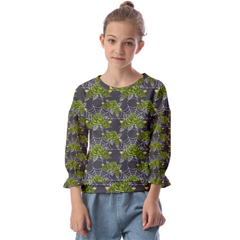 Halloween - Green Roses On Spider Web  Kids  Cuff Sleeve Top by ConteMonfrey