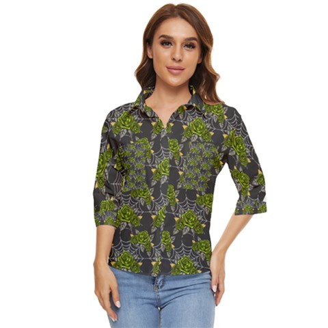 Halloween - Green Roses On Spider Web  Women s Quarter Sleeve Pocket Shirt by ConteMonfrey