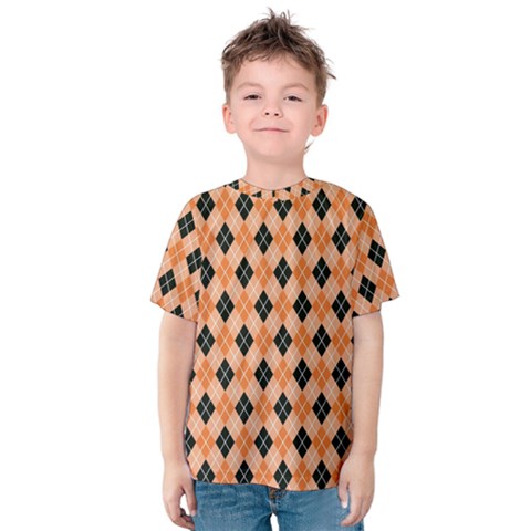 Halloween Inspired Black Orange Diagonal Plaids Kids  Cotton Tee by ConteMonfrey