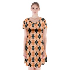 Halloween Inspired Black Orange Diagonal Plaids Short Sleeve V-neck Flare Dress by ConteMonfrey