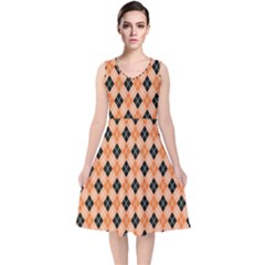 Halloween Inspired Black Orange Diagonal Plaids V-neck Midi Sleeveless Dress  by ConteMonfrey