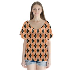 Halloween Inspired Black Orange Diagonal Plaids V-neck Flutter Sleeve Top by ConteMonfrey