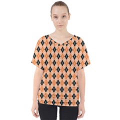 Halloween Inspired Black Orange Diagonal Plaids V-neck Dolman Drape Top by ConteMonfrey