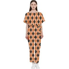 Halloween Inspired Black Orange Diagonal Plaids Batwing Lightweight Chiffon Jumpsuit by ConteMonfrey