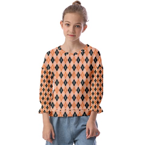 Halloween Inspired Black Orange Diagonal Plaids Kids  Cuff Sleeve Top by ConteMonfrey