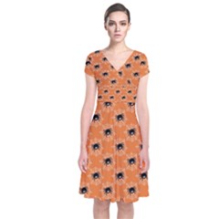 Halloween Black Orange Spiders Short Sleeve Front Wrap Dress by ConteMonfrey