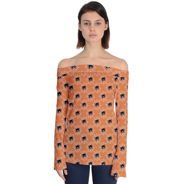 Halloween Black Orange Spiders Off Shoulder Long Sleeve Top