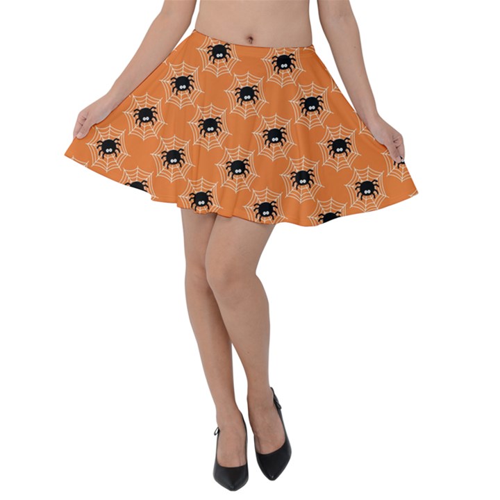 Halloween Black Orange Spiders Velvet Skater Skirt