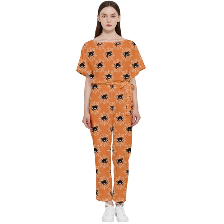 Halloween Black Orange Spiders Batwing Lightweight Chiffon Jumpsuit